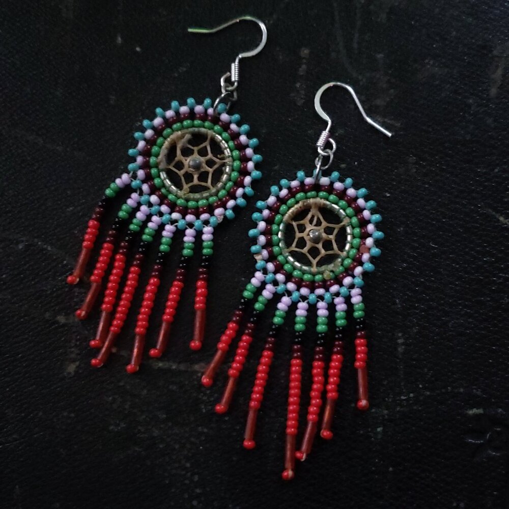 World Market Dreamcatcher Earrings - Red Black Lavender Aqua Bohemian Fringe